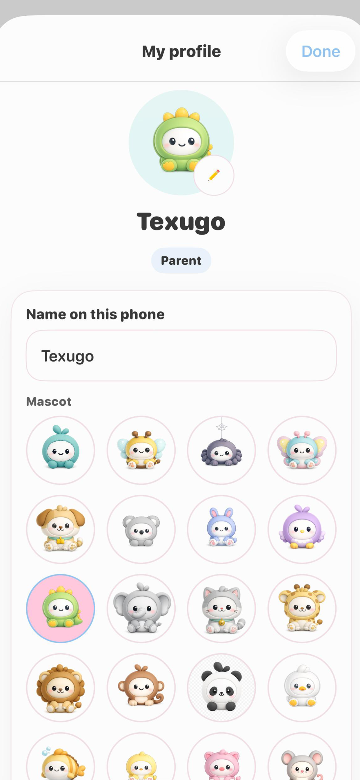 Homi Family profile and family settings screen.