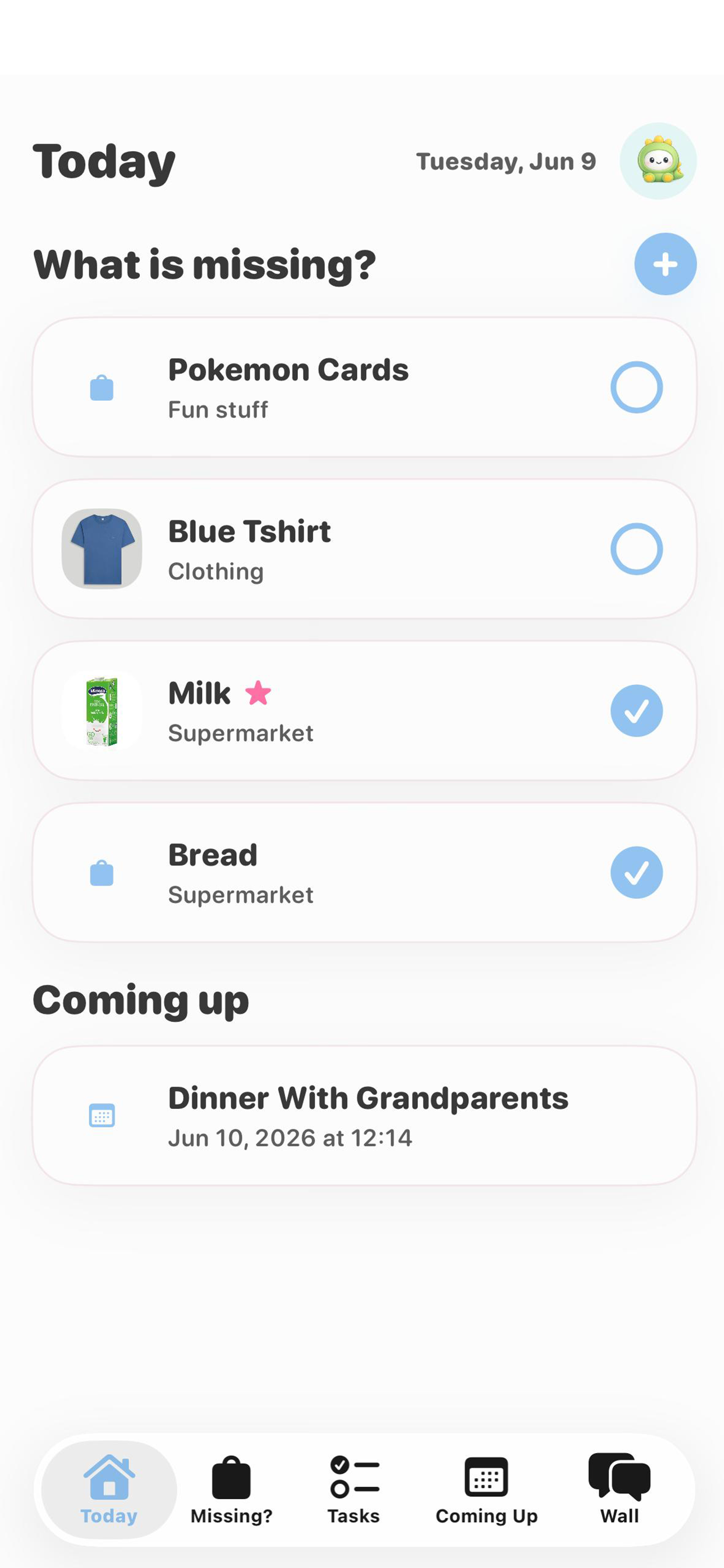 Homi Family shopping list screen showing grouped shopping items and family actions.